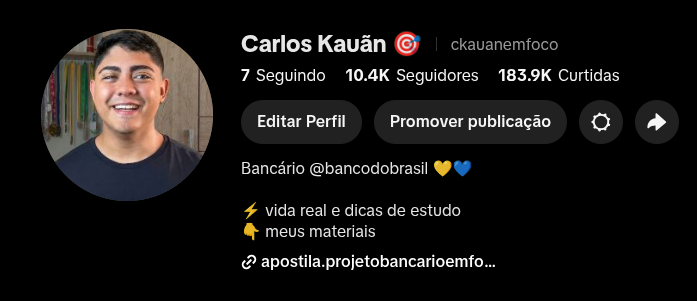 Perfil de Carlos Kauan no TikTok com 10,4 mil seguidores e 183,9 mil curtidas
