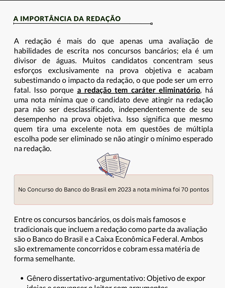 Página do guia explicando a importância da redação nos concursos bancários