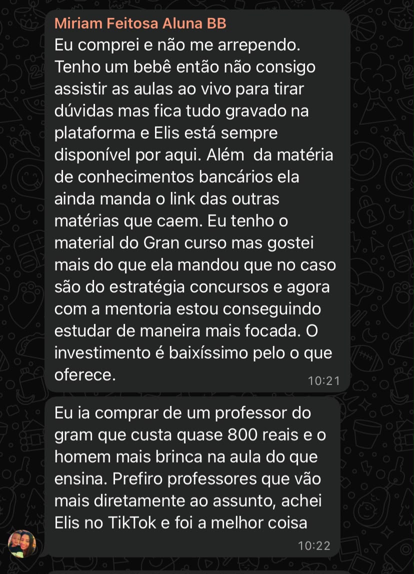 Depoimento de Miriam Feitosa, aluna, sobre as aulas gravadas e a mentoria