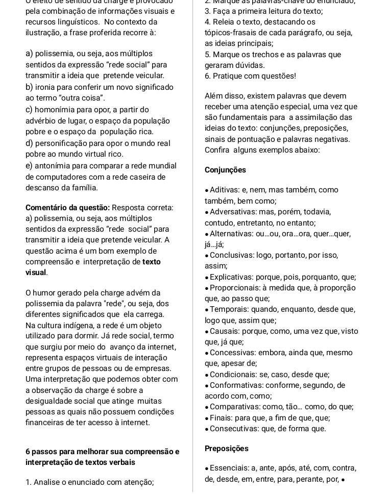 Página da apostila com questão comentada e lista de conjunções