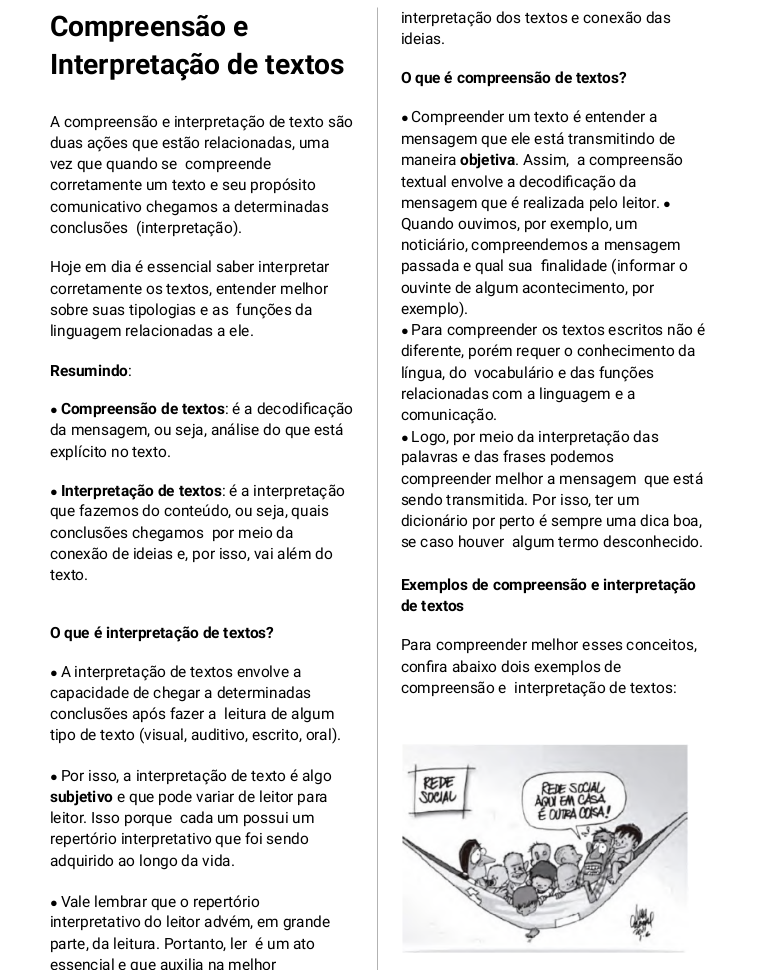 Página da apostila sobre compreensão e interpretação de textos