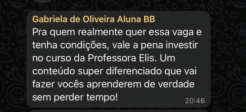 Depoimento de Gabriela de Oliveira, aluna, elogiando o curso da Professora Elis