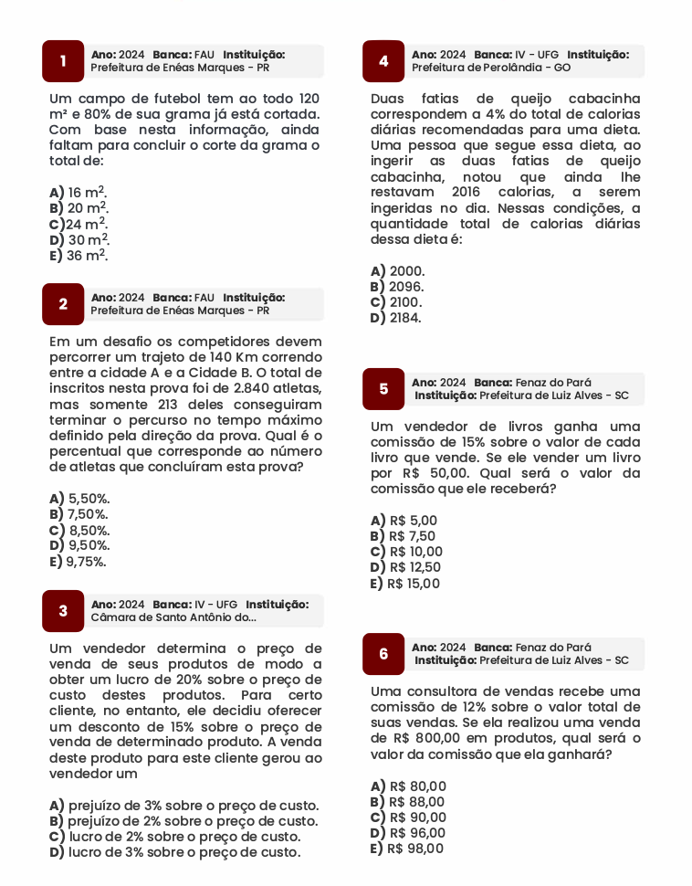 Páginas do caderno de 1.000 questões de Matemática