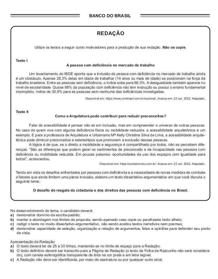 Página de proposta de redação da prova do Banco do Brasil