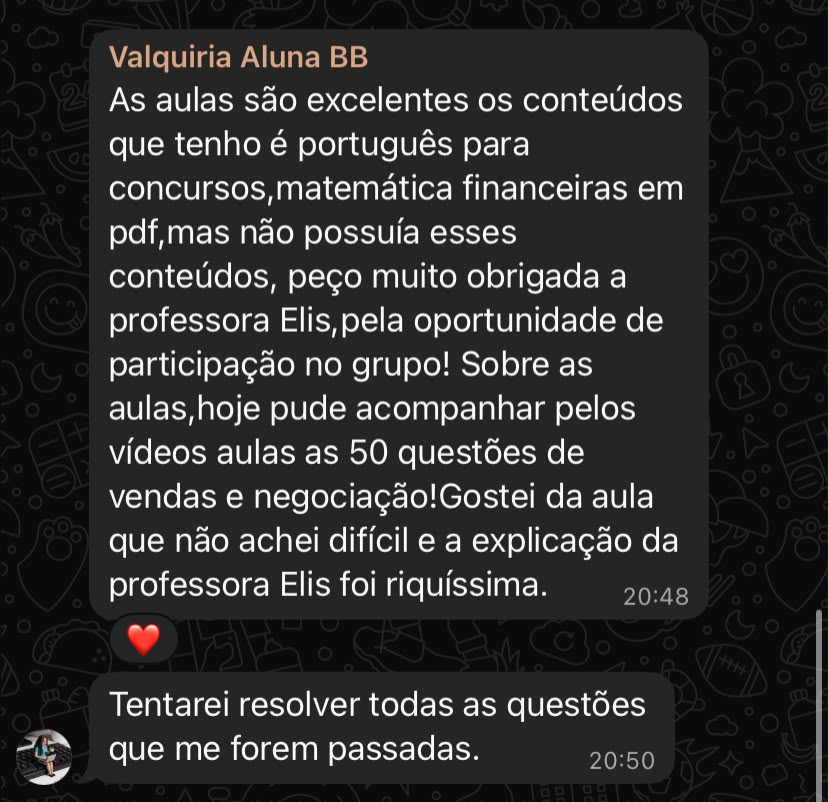 Depoimento de Valquiria, aluna, sobre as aulas e as questões de Vendas e Negociação