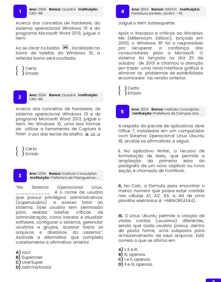 Páginas do caderno de 1.000 questões de Informática